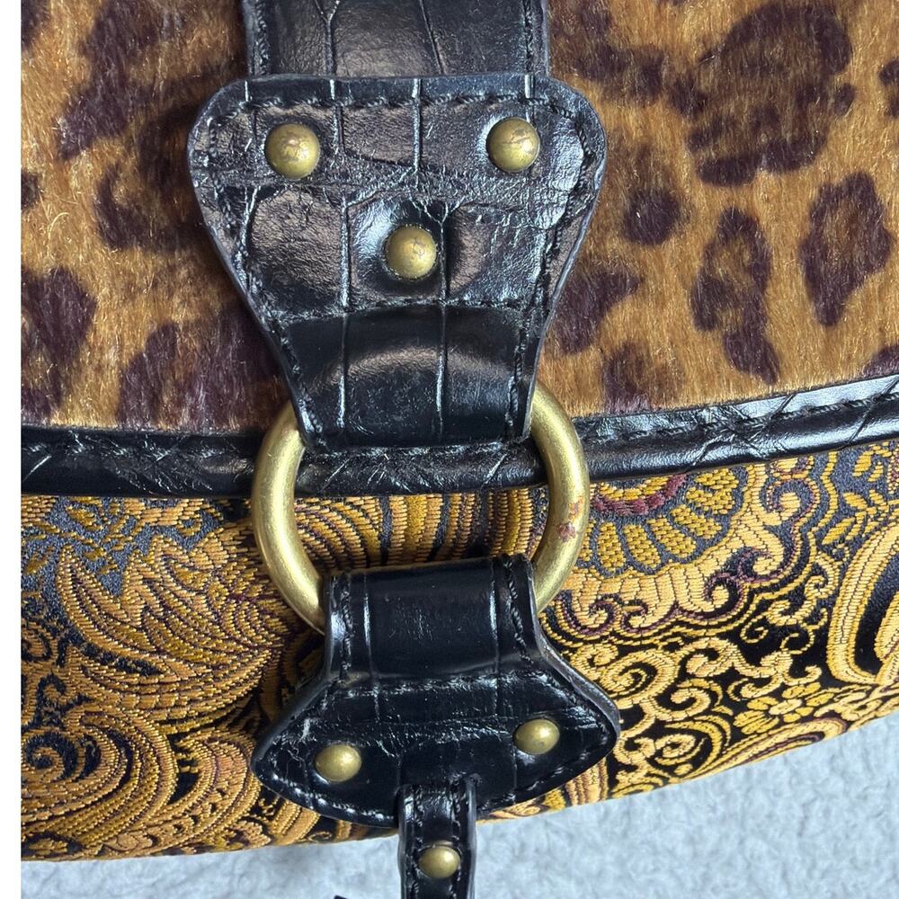 Y2K Leopard Fur Paisley Baguette Bag Gothic Boho Shoulder Purse Brass Hardware - Picture 9 of 10